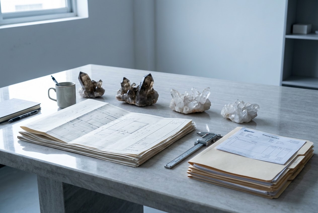 Illustrative sourcing coordination workspace with natural crystal samples, drawings, calipers and shipment documents