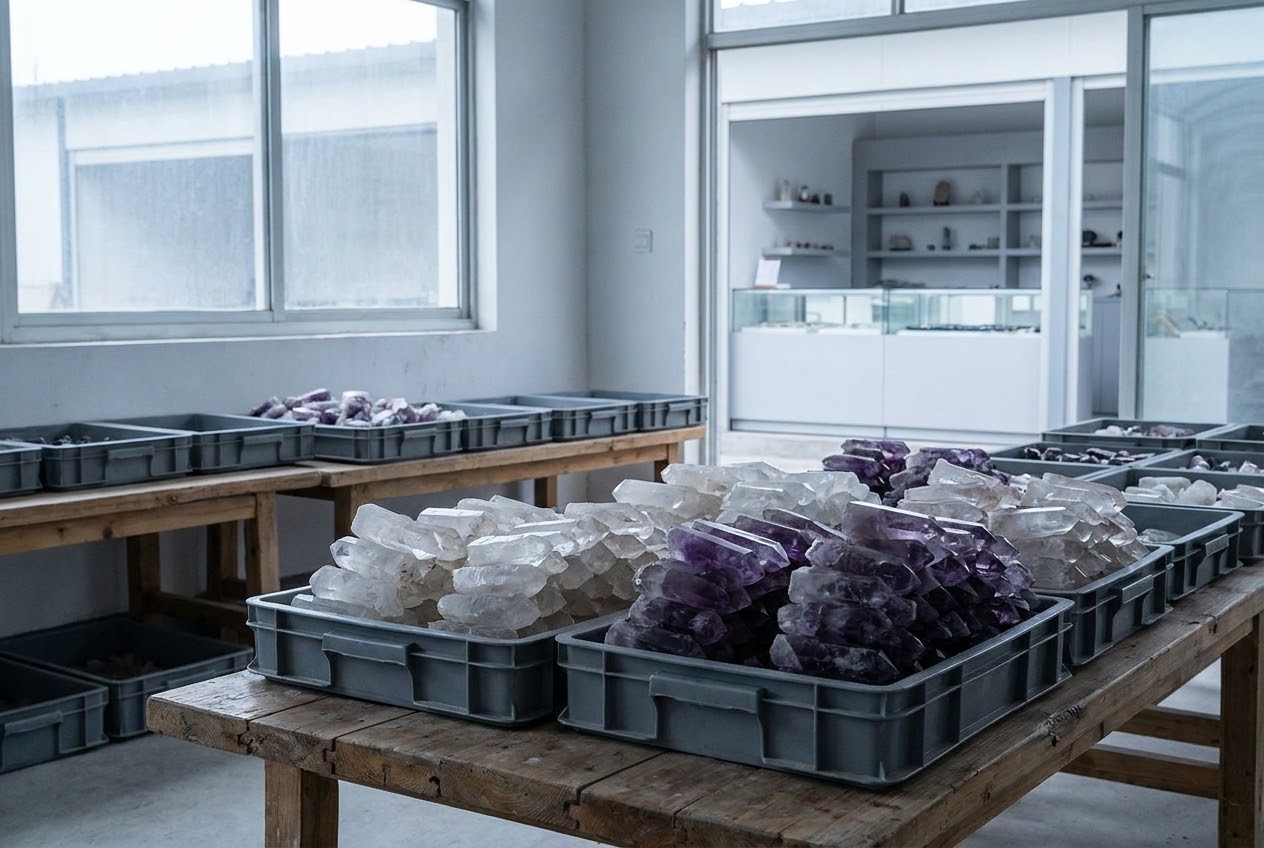 Illustrative organized crystal supply cluster and specialist workshop context